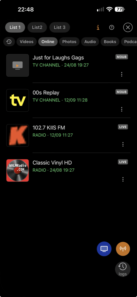 Pestaña Online de Black Duck Media Library con canales de TV y emisoras de radio